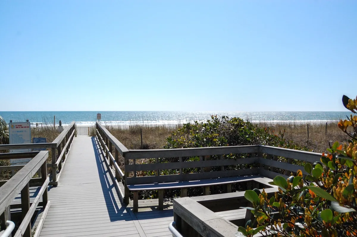 A wooden walkway leads over dune grasses toward a serene ocean view, under a clear blue sky. The inviting path suggests adventure and the start of a new day, ideal for sunrise strolls or romantic walks along the shore.
