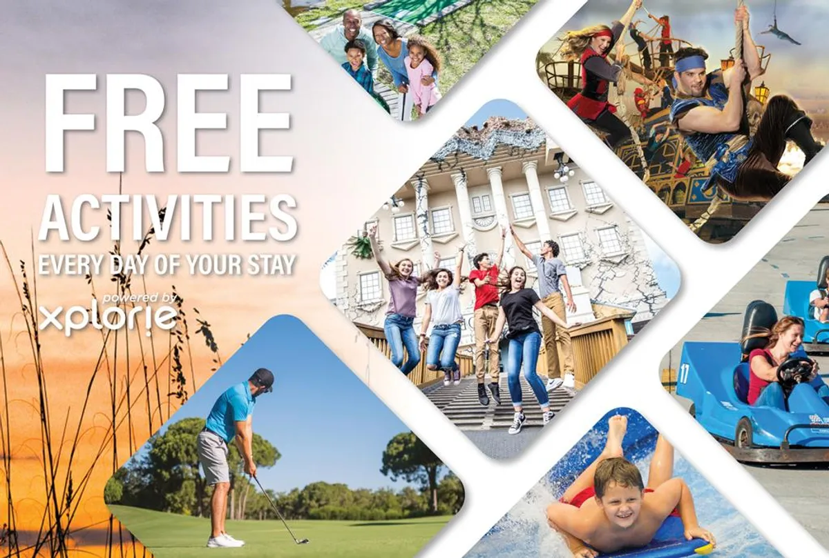 An energetic interior scene featuring families engaging in a variety of fun activities like golfing, water sports, and amusement park rides, showcasing the vibrant, family-friendly experiences offered by the Free Fun Program.