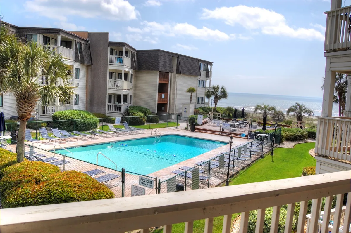 Another vibrant swimming pool scene, this time with an ocean view and plenty of lounge chairs arranged around the pool. The area is framed by palm trees and offers a social, memorable atmosphere—perfect for group gatherings and unwinding after a day of adventure.